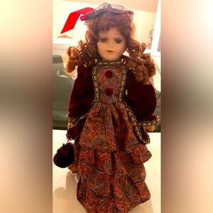 Vtg 16” Auburn curly-haired Porcelain Girl Doll| Historical | Christmas